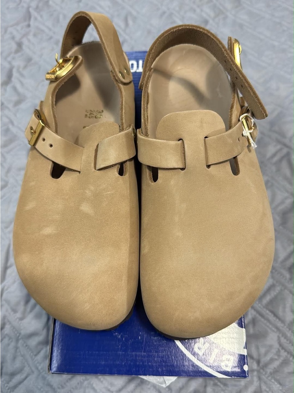 Birkenstock Tan Suede Closed-Toe Slingback Clogs with Gold Buckles